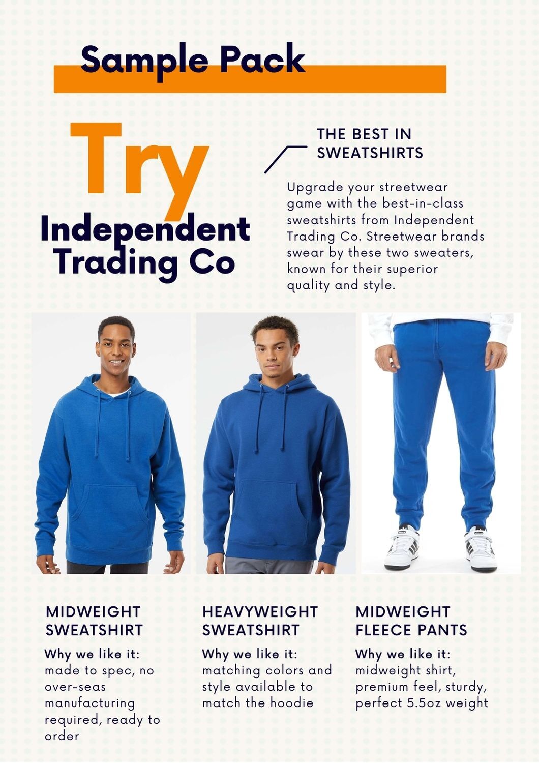 Promotional material showcasing a Bella & Canvas sample pack with various styles of blue sweatshirts from trend trading co.